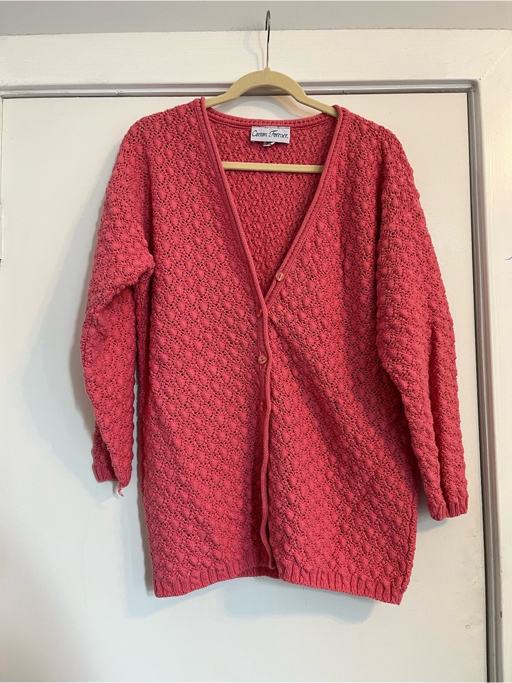Vintage Pink Knit Button front Cardigan cotton women size medium chunky Crochet